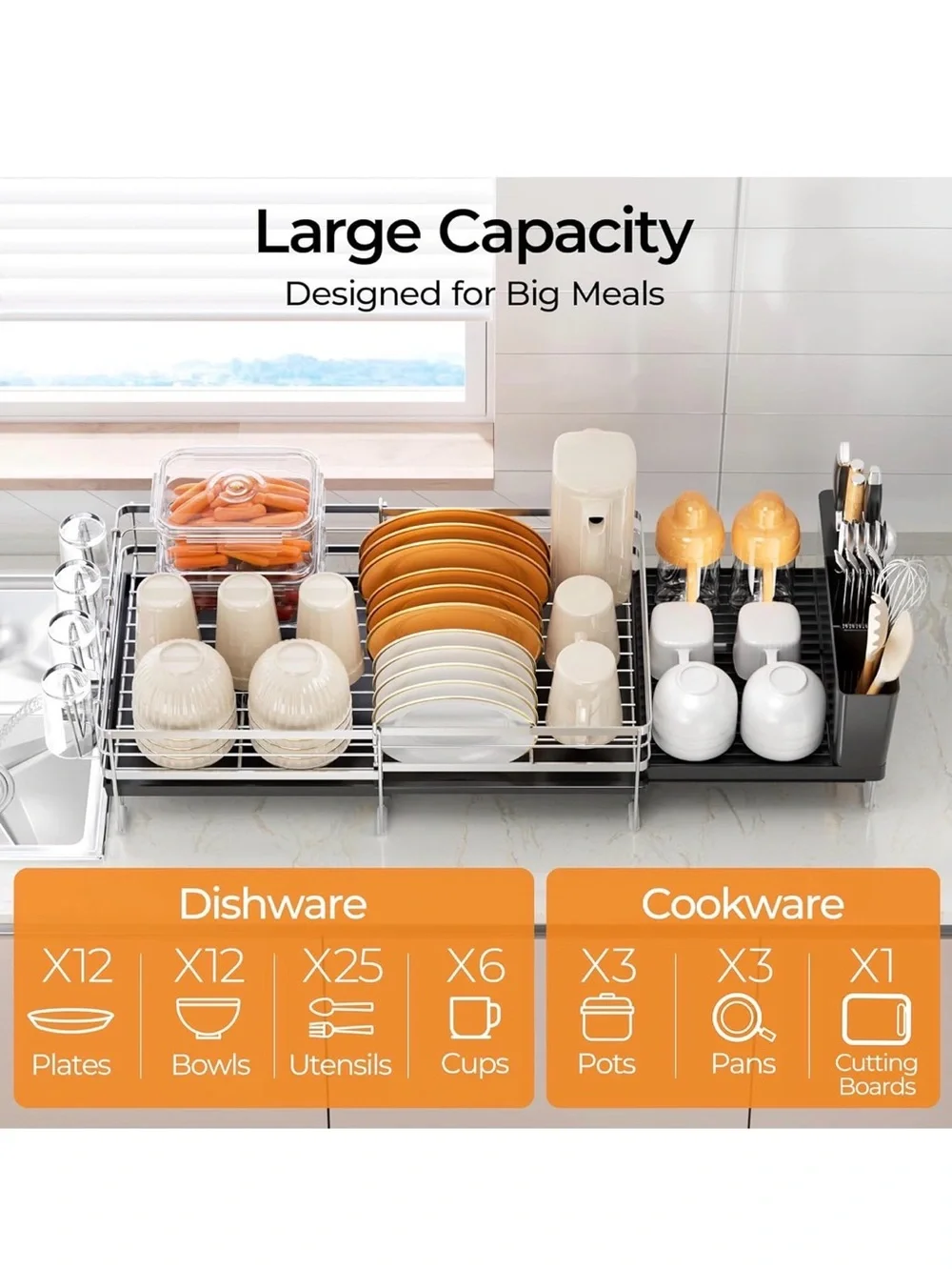 NIB Expandable Counter Dish Drying Rack in Silver, Dish,Utensils,Cups Anti Rust